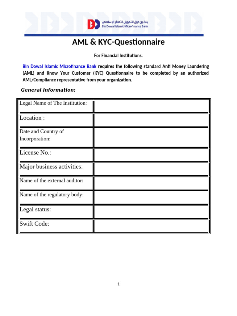 KYC & AML Questionnaire for Banks | PDF | Regulatory Compliance | Business