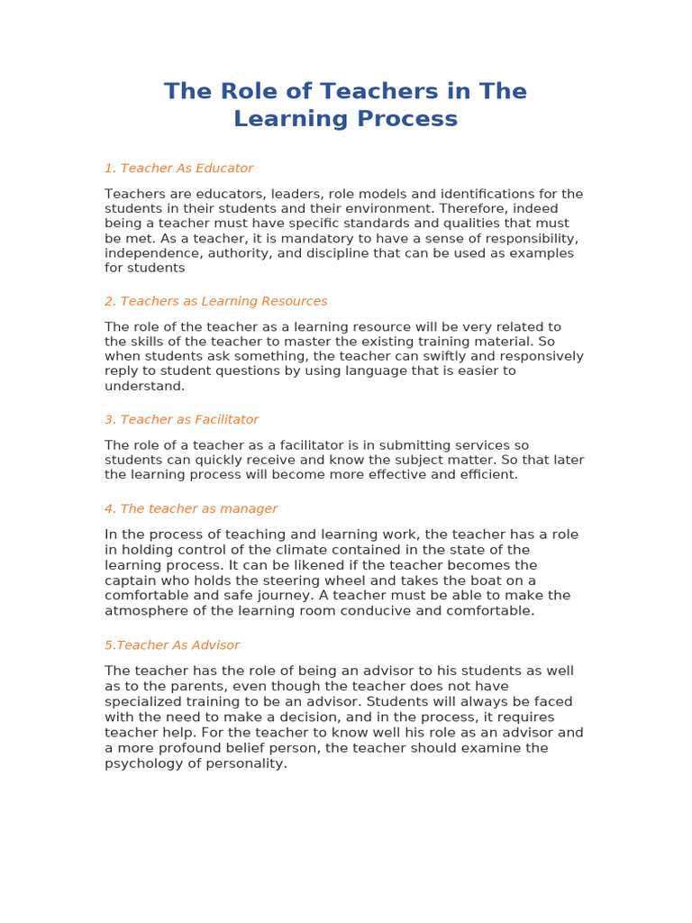 The Teacher's Role in Learning Process | PDF | Teachers | Social Psychology