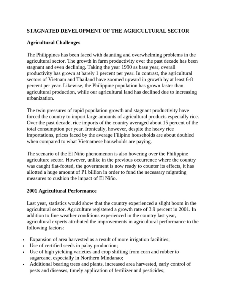 STAGNATED DEVELOPMENT OF THE AGRICULTURAL SECTOR | PDF | Agriculture | Rice