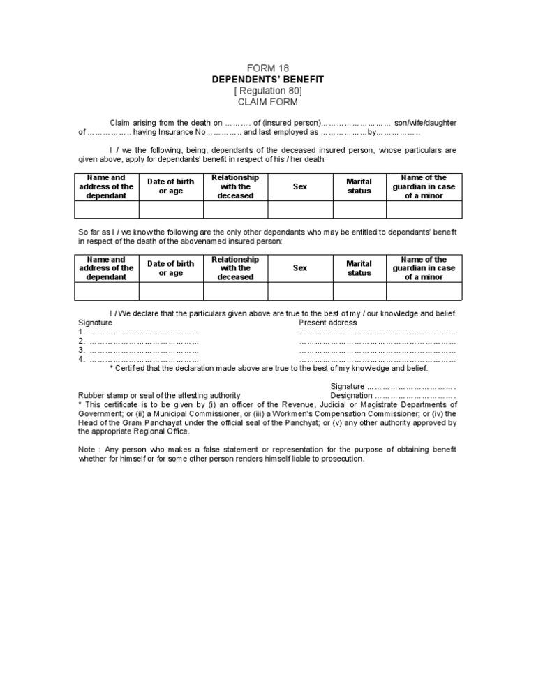 ESIC Form 18 for Dependants' Benefit | PDF | Politics | Social Science