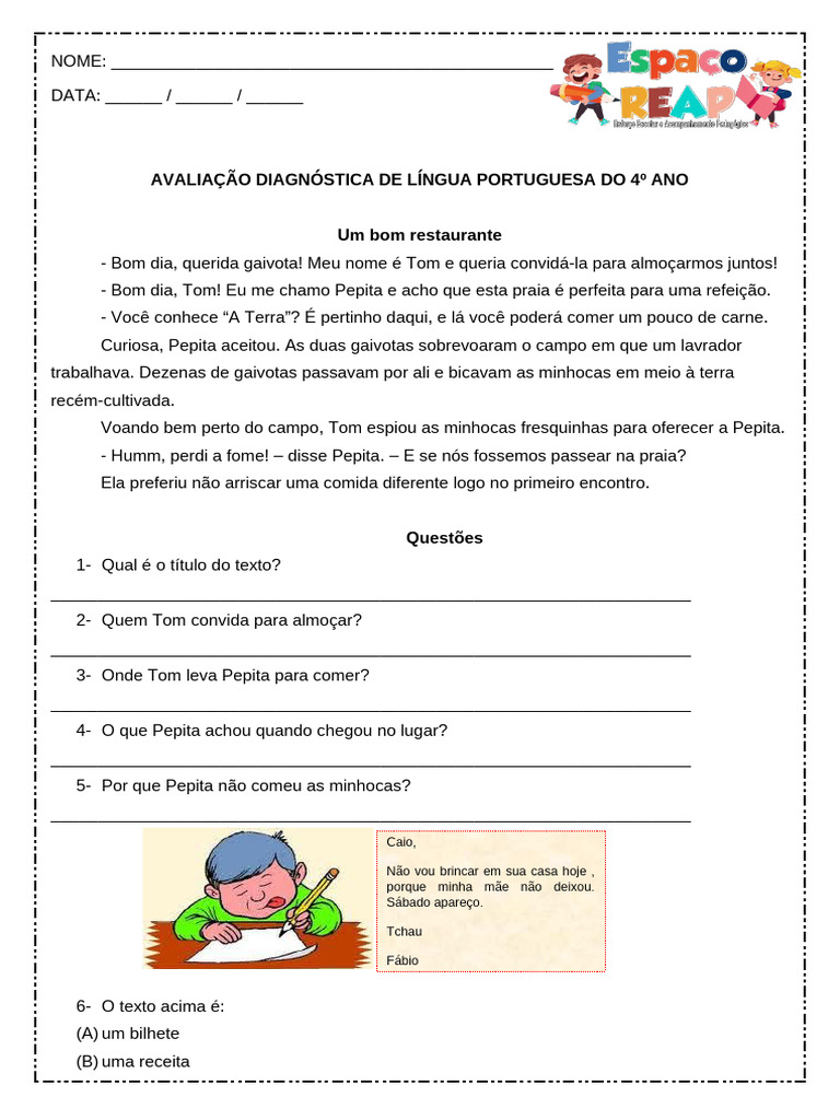 Avaliação de Língua Portuguesa 4º Ano | PDF