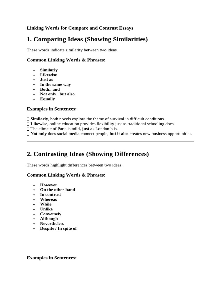 Linking Words for Compare & Contrast Essays | PDF | Learning ...