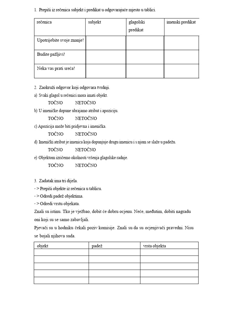 Služba Riječi U Rečenici - Vježba | PDF