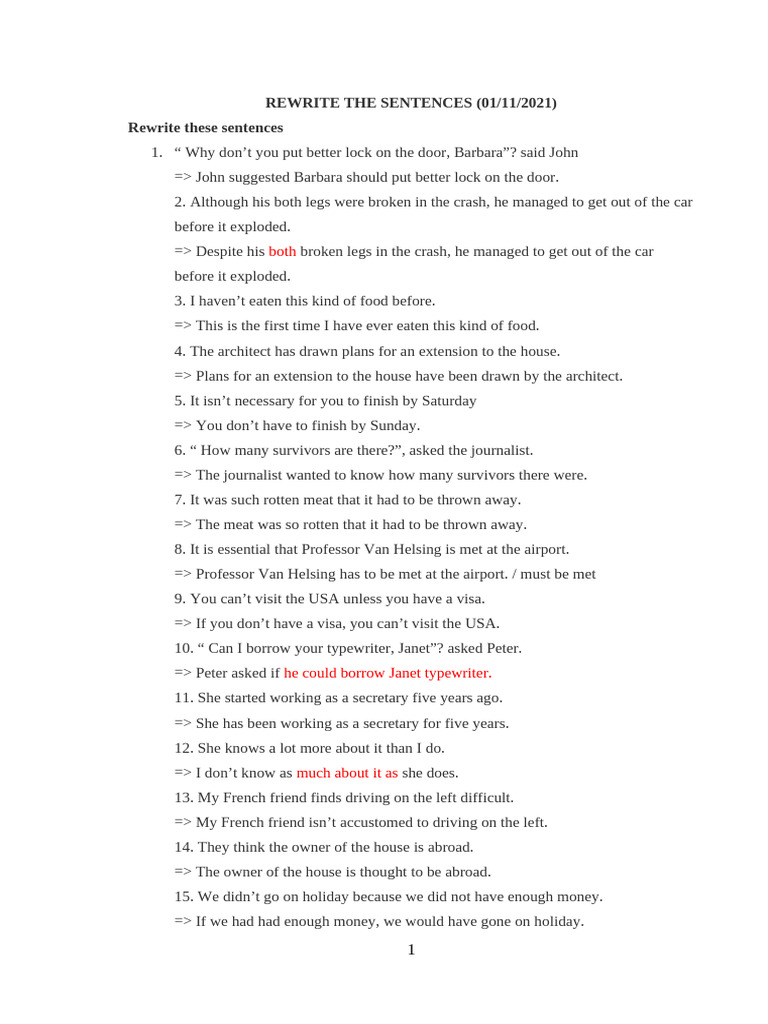 Sentence Rewriting Exercises | PDF