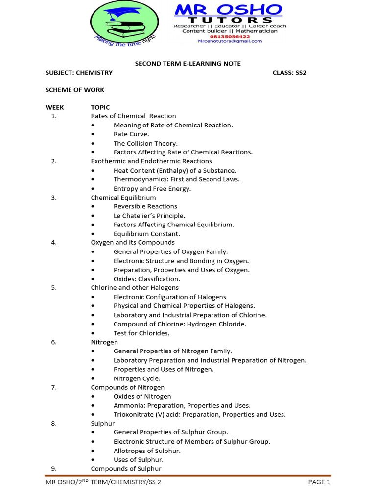 SS2 Chemistry: 2nd Term E-Learning Notes | PDF | Reaction Rate ...