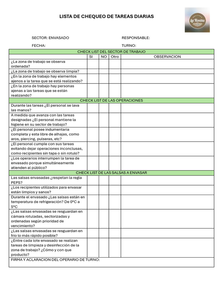 LISTA DE CHEQUEO DE TAREAS DIARIAS - La Tanita Pastas | PDF