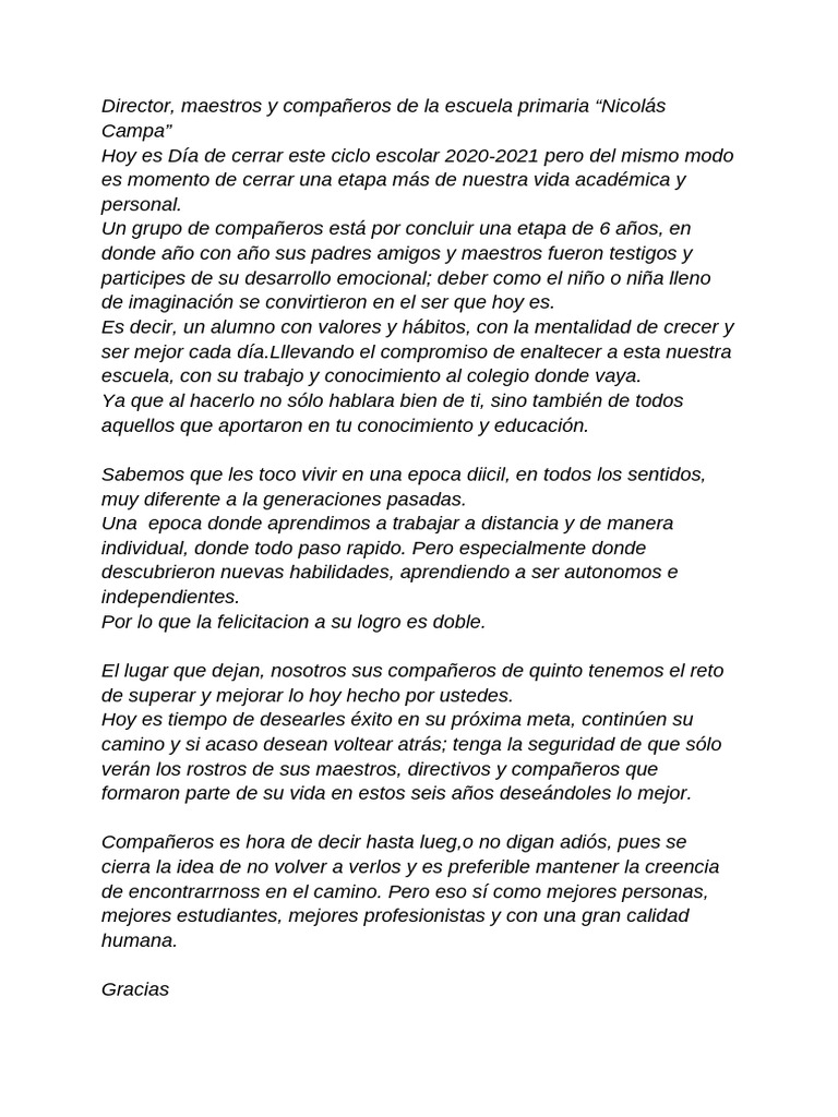 Palabras de Despedida Nicolas Campa | PDF