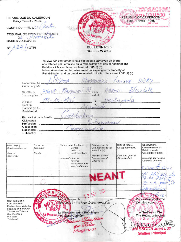 Extrait de casier judiciaire au Cameroun | PDF