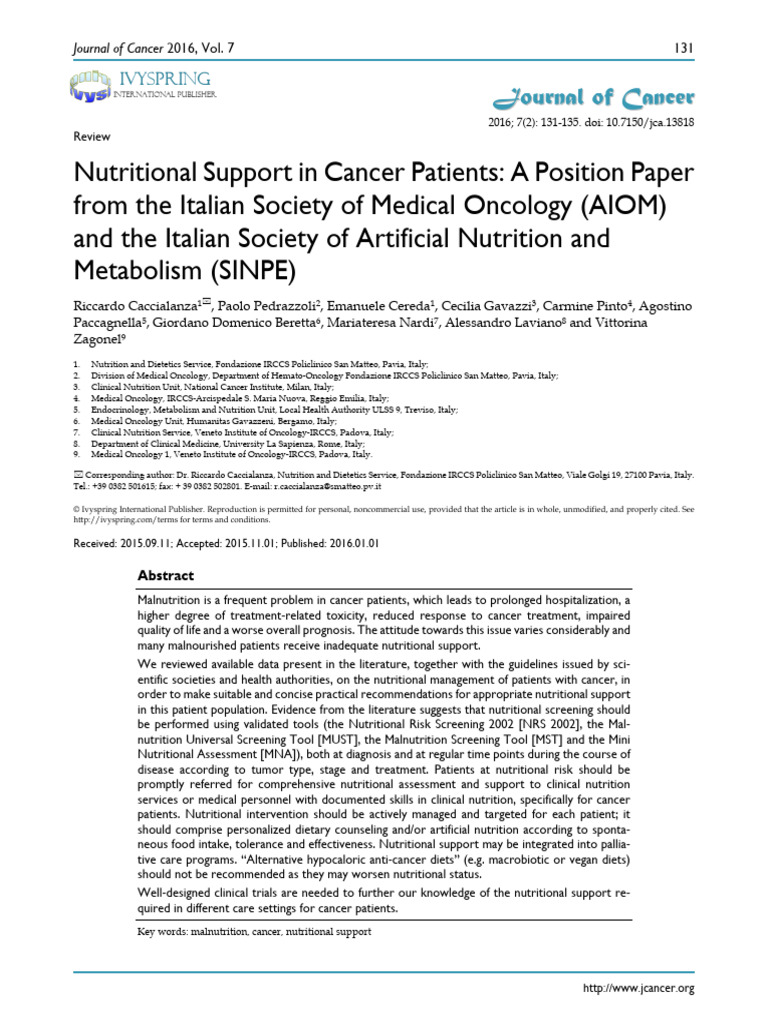 Nutritional Support for Cancer Patients | PDF | Screening (Medicine ...