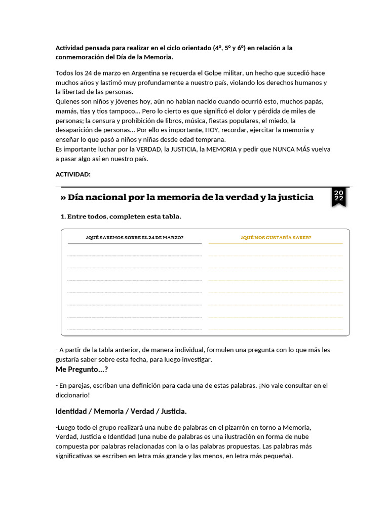 Actividades educativas para el Día de la Memoria | PDF