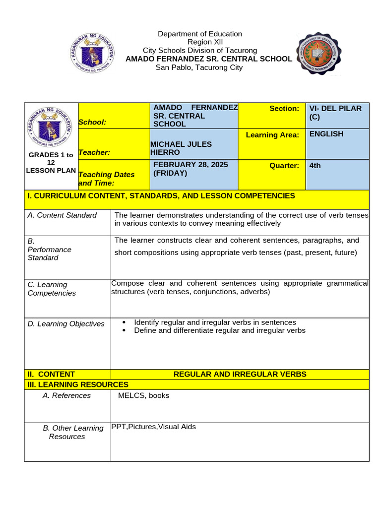 Regular and Irregular Verbs Lesson Plan | PDF | Grammatical Tense | Verb