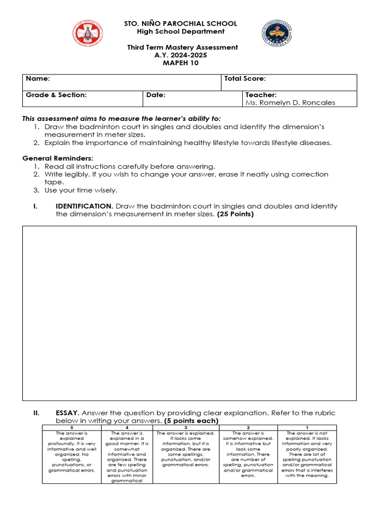 MAPEH 10 Assessment 2024-2025 | PDF | Cognitive Science | Behavior ...