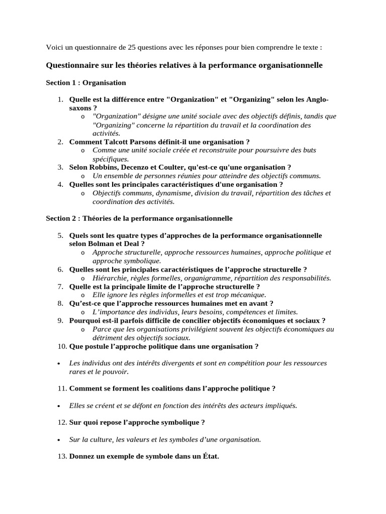 Questionnaire sur la performance organisationnelle | PDF | République ...