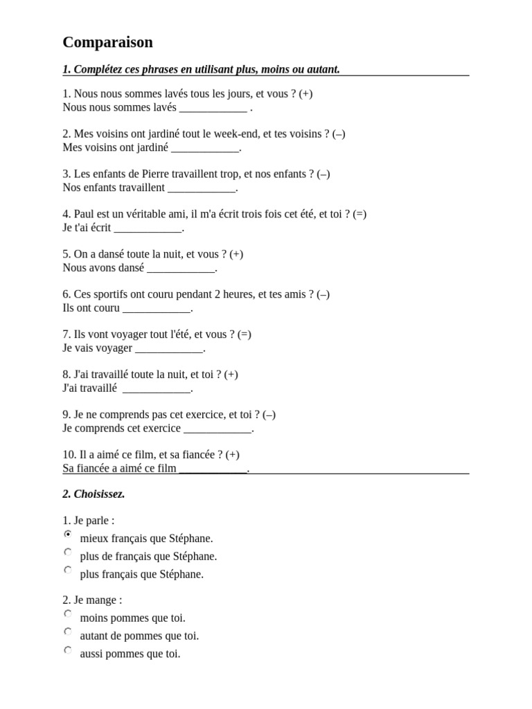 Exercices sur la comparaison en français | PDF