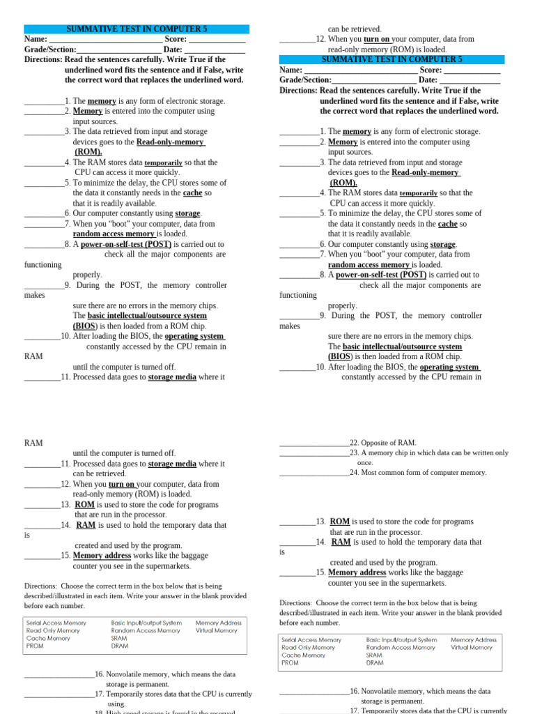 Computer Memory Summative Test | PDF | Random Access Memory | Computer ...