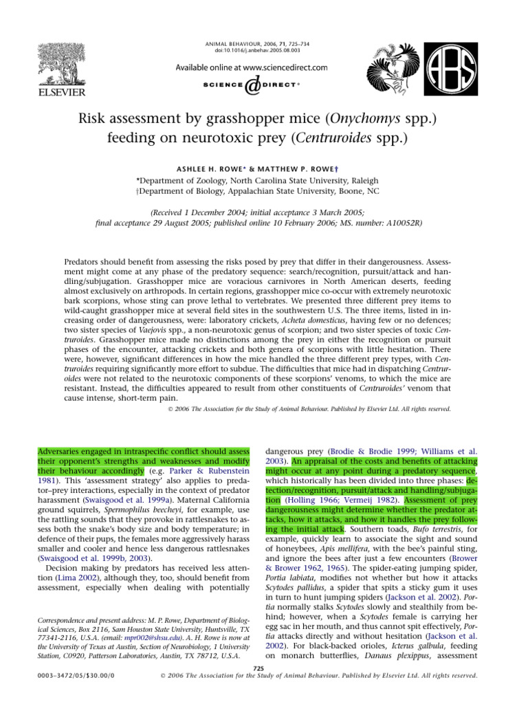 Risk Assessment by Grasshopper Mice Onyc | PDF | Predation | Mouse
