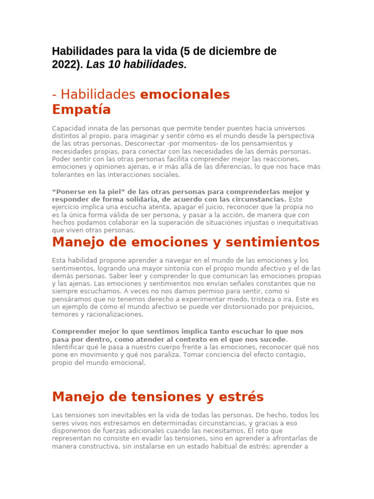 10 Habilidades Esenciales para la Vida | PDF | Pensamiento | Las emociones