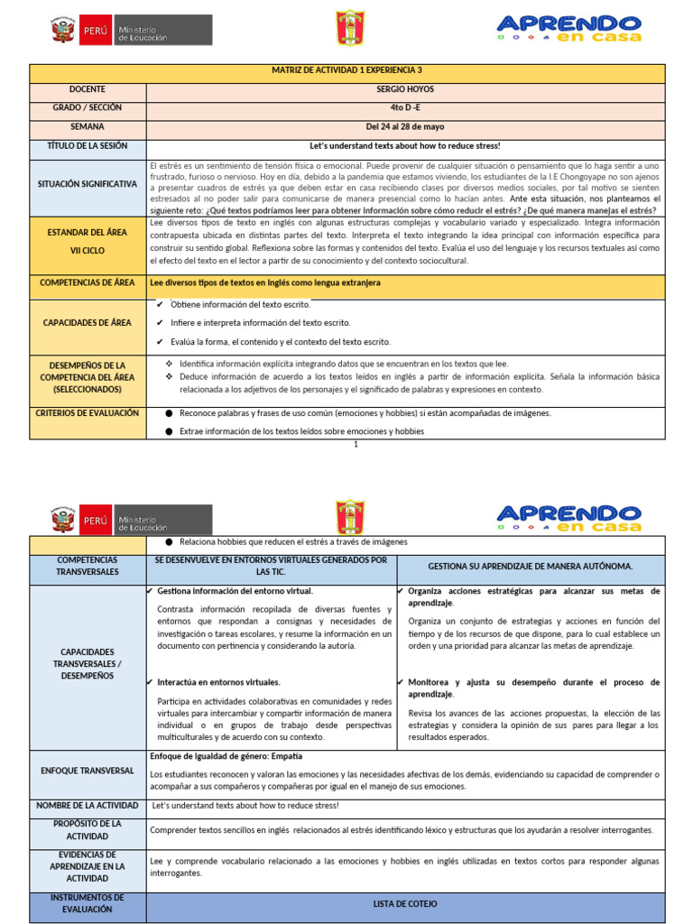 Actividad 1 Semana 4 - Mayo | PDF | Aprendizaje | Las emociones