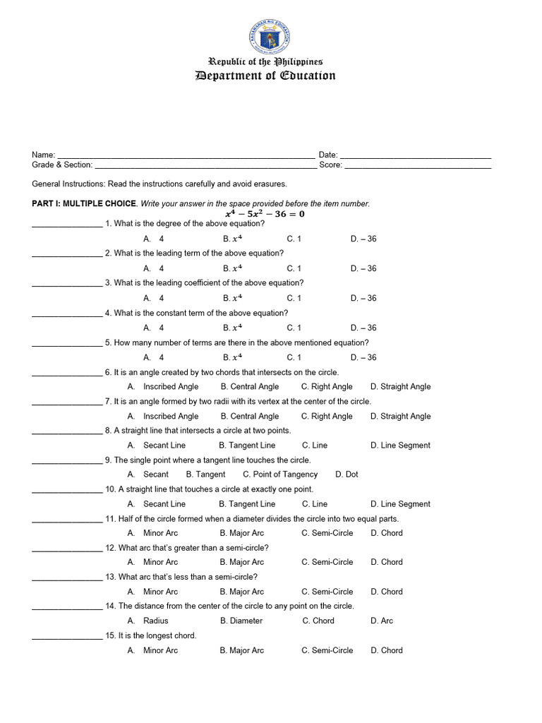 2nd Quarter Summative Exam | PDF | Circle | Tangent