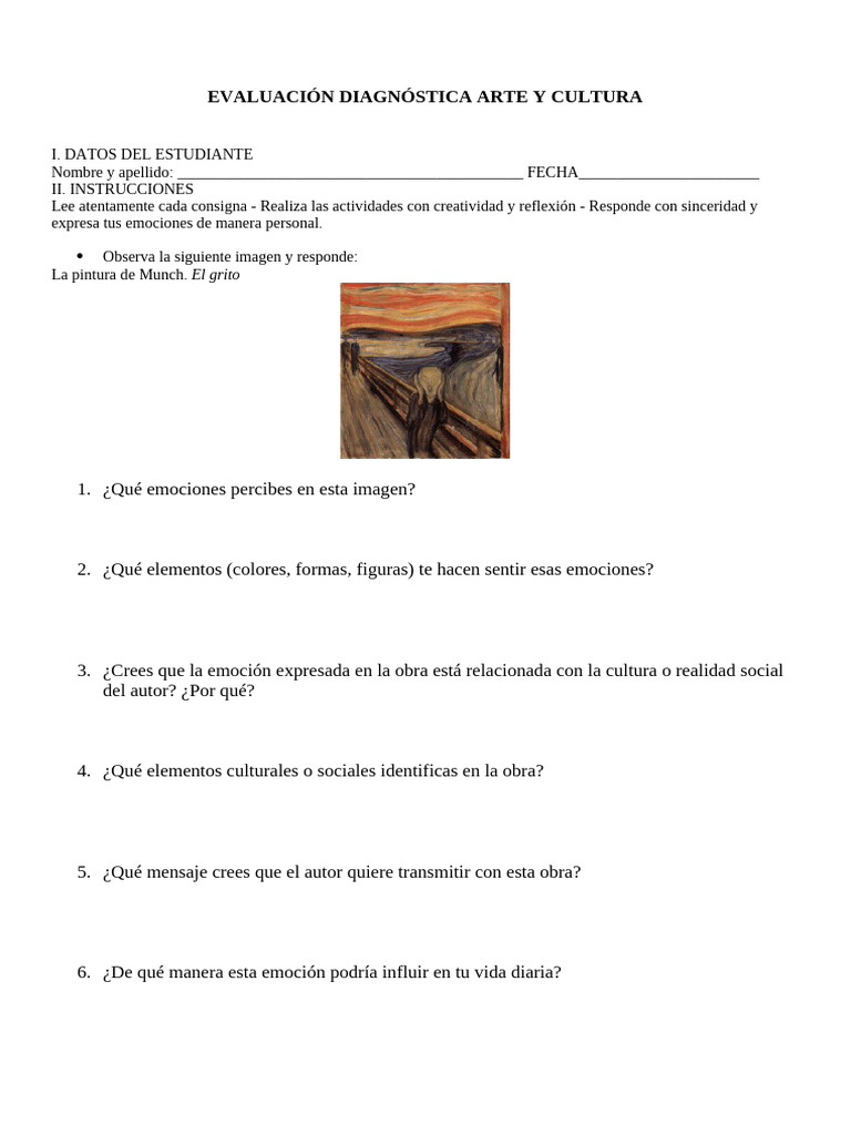 Evaluación Diagnóstica Arte y Cultura | PDF | Bailes | Las emociones