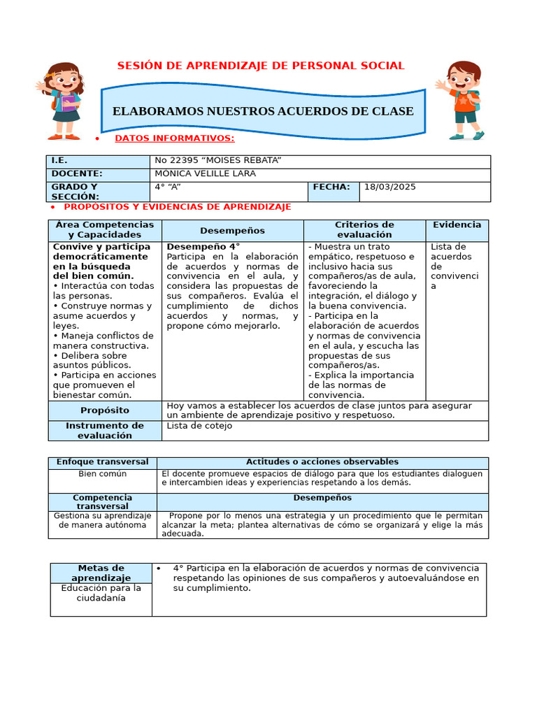 Sesión de Aprendizaje de Personal Social | PDF | Salón de clases ...