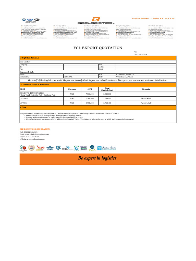FCL Export Quotation from Vietnam to Japan | PDF | Economies | Trade