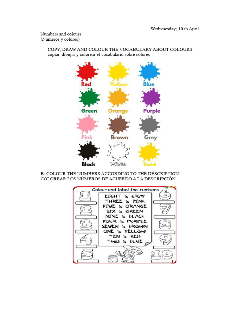 Vocabulario de Números y Colores | PDF