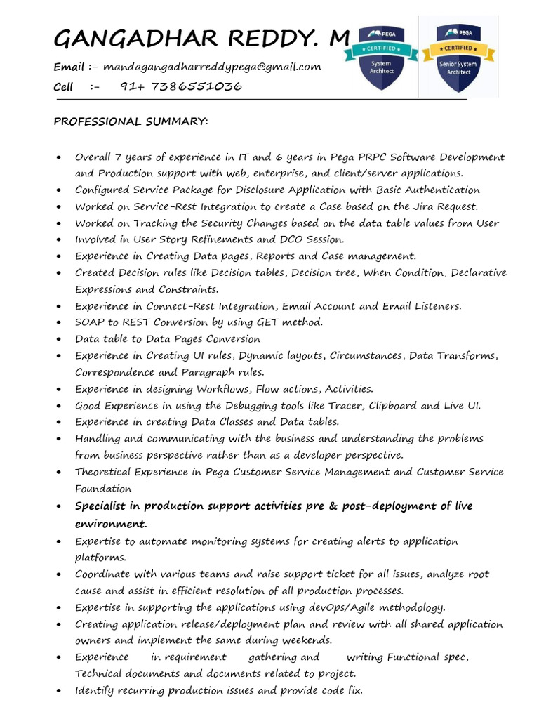 Pega PRPC Developer Resume Summary | PDF | Databases | Software Development