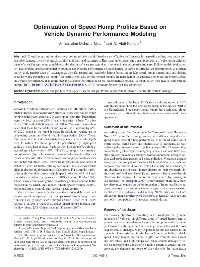 Optimization of Speed Hump Profiles Based On Vehicle Dynamic ...