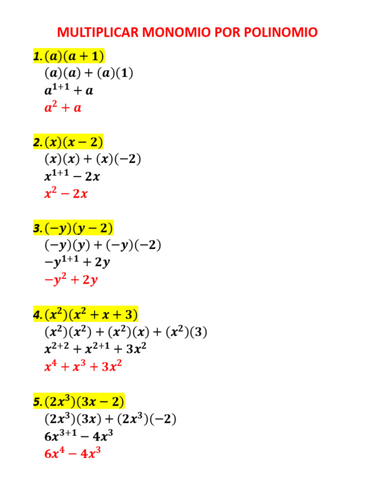 Multiplicar Monomio Por Polinomio | PDF