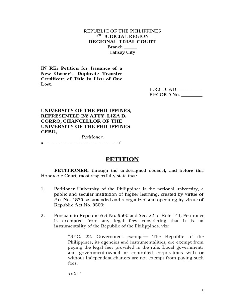 UP Cebu Petition for Lost Title Replacement | PDF | Land Lot | Affidavit