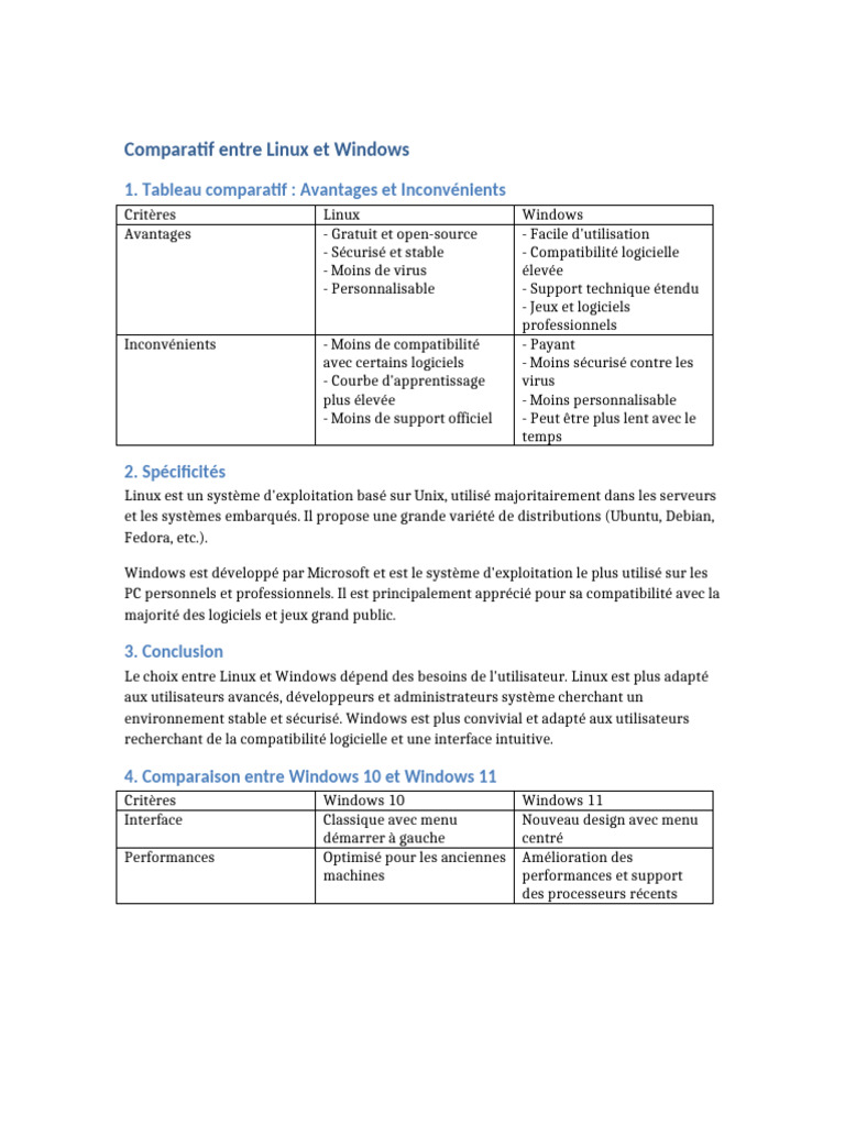 Comparatif Linux vs Windows : Avantages et Inconvénients | PDF