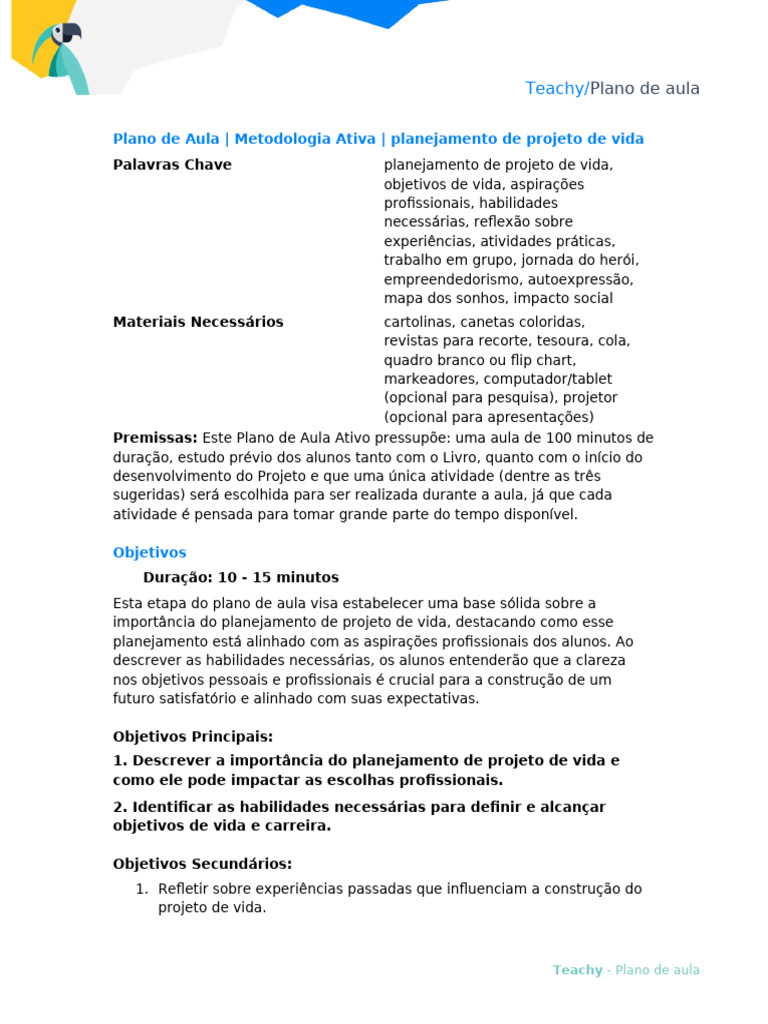 Planejamento de Projeto de Vida em Aula | PDF | Planejamento | Aprendizado