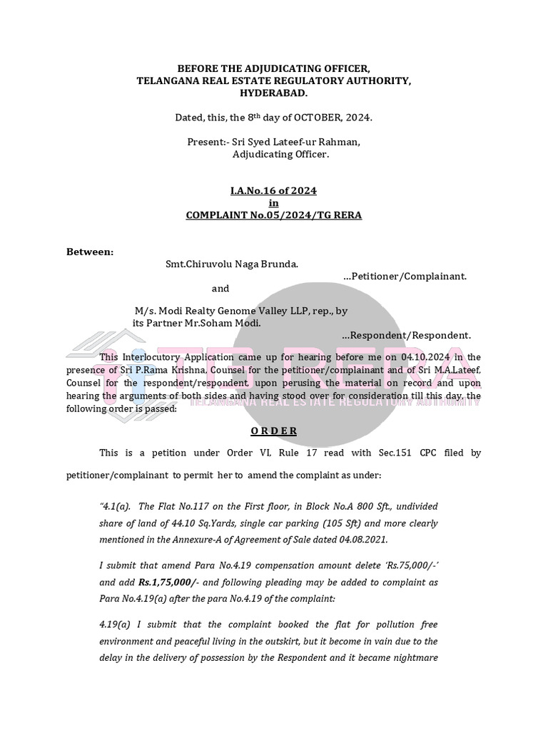 RERA Complaint Amendment Order 2024 | PDF | Complaint | Public Law