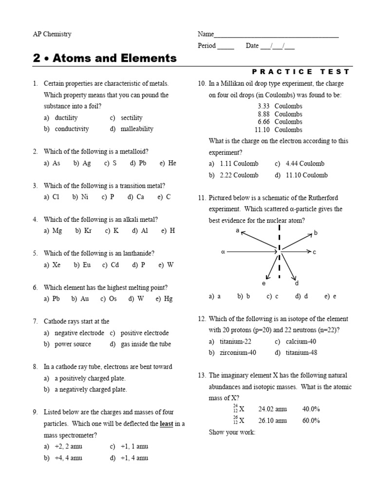 AP Chapter 2 (Part A) - Practice Test | PDF | Neutron | Proton
