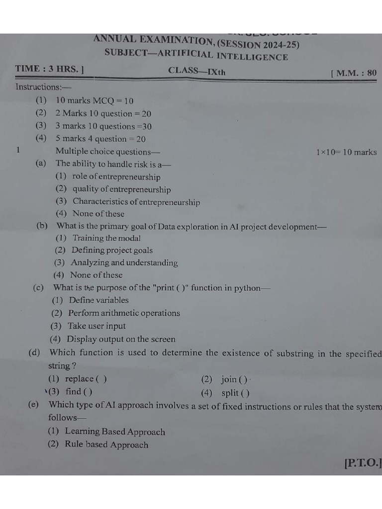 Class 9 Ai Question Paper 2025 Final Exam Artificial Intelligence | PDF