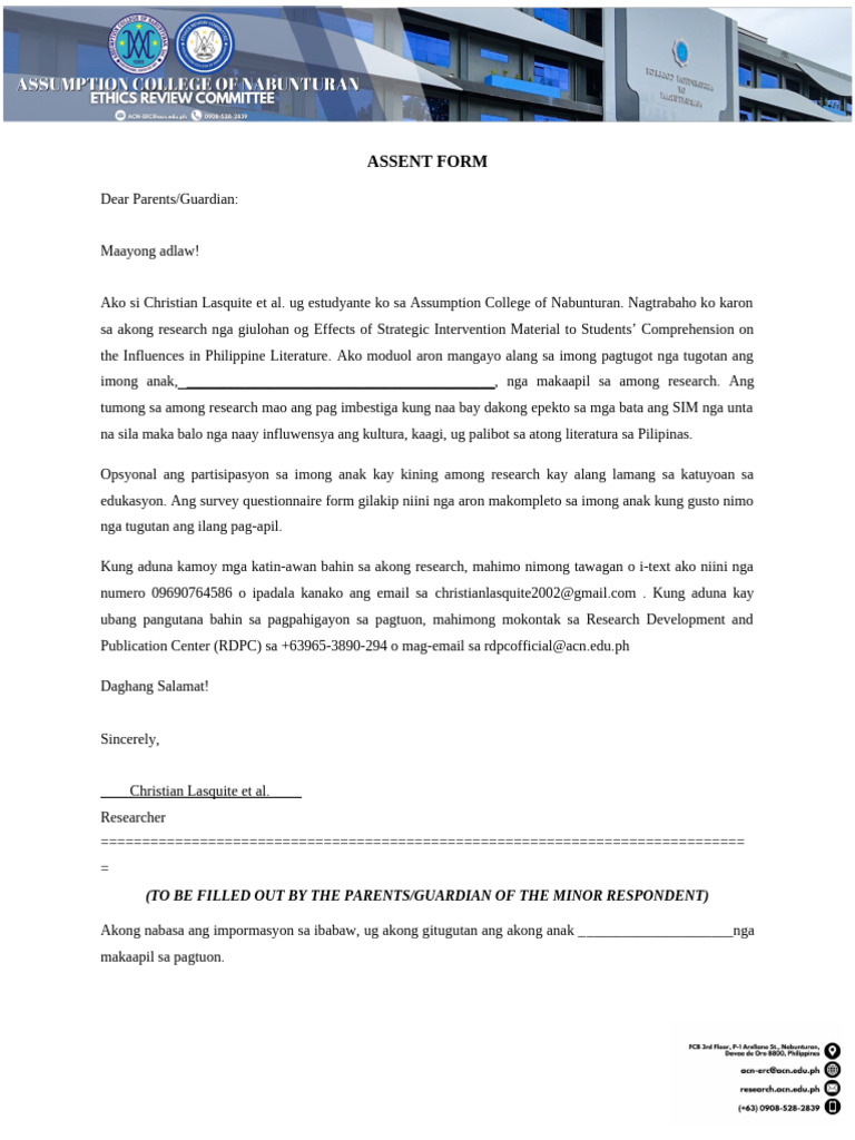 Assent Form (Bisaya) | PDF