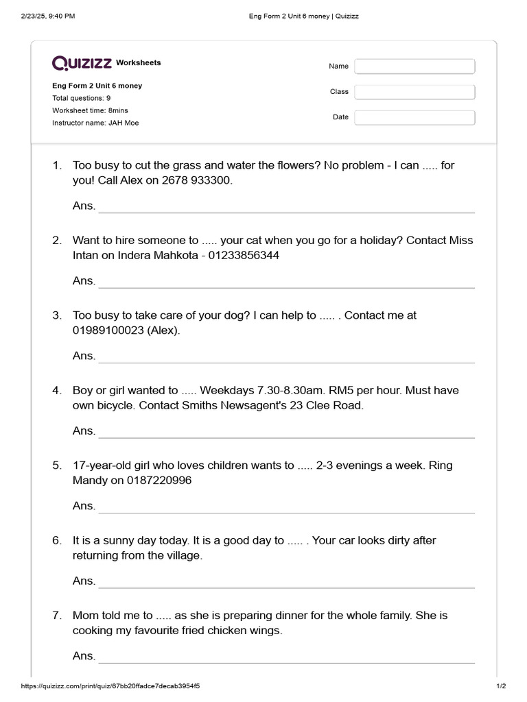 Form 2 English Unit 6 Money Quiz Pdf