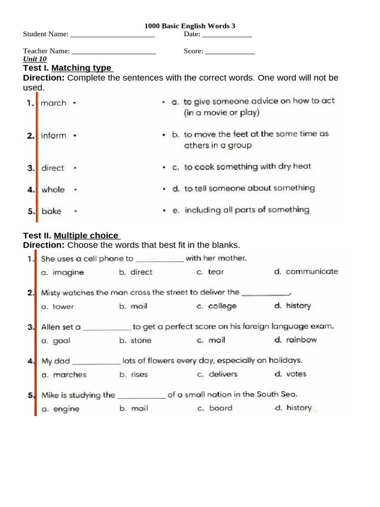 1000 Basic English Words 3 (10, 11, and 12) | PDF