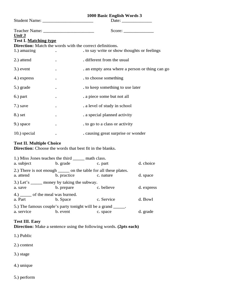 1000 Basic English Words 3 (3, 4, and 5) | PDF | Multiple Choice | Word