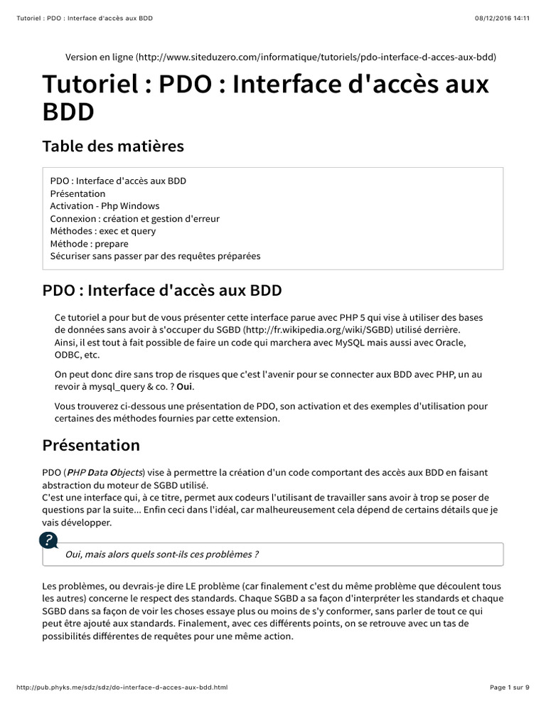 Tutoriel PDO : Accès aux bases de données | PDF | PHP | MySQL