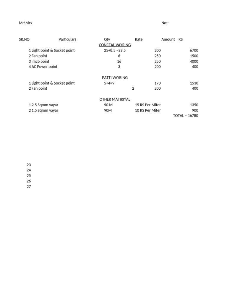 Electrical Quotation for House Wiring | PDF