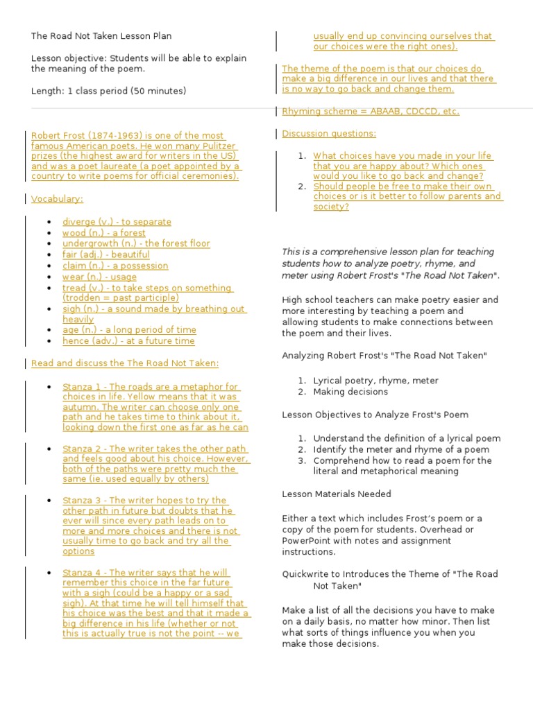 The Road Not Taken Lesson Plan Metre Poetry Poetry