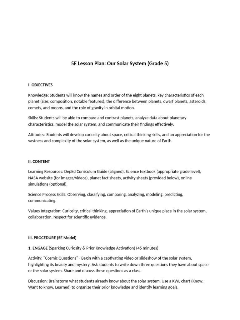 5E Solar System Lesson Plan for Grade 5 | PDF | Planets | Solar System