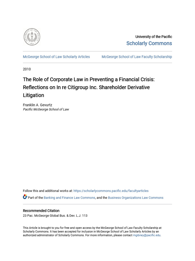 Corporate Law's Role in Financial Crises | PDF | Collateralized Debt ...