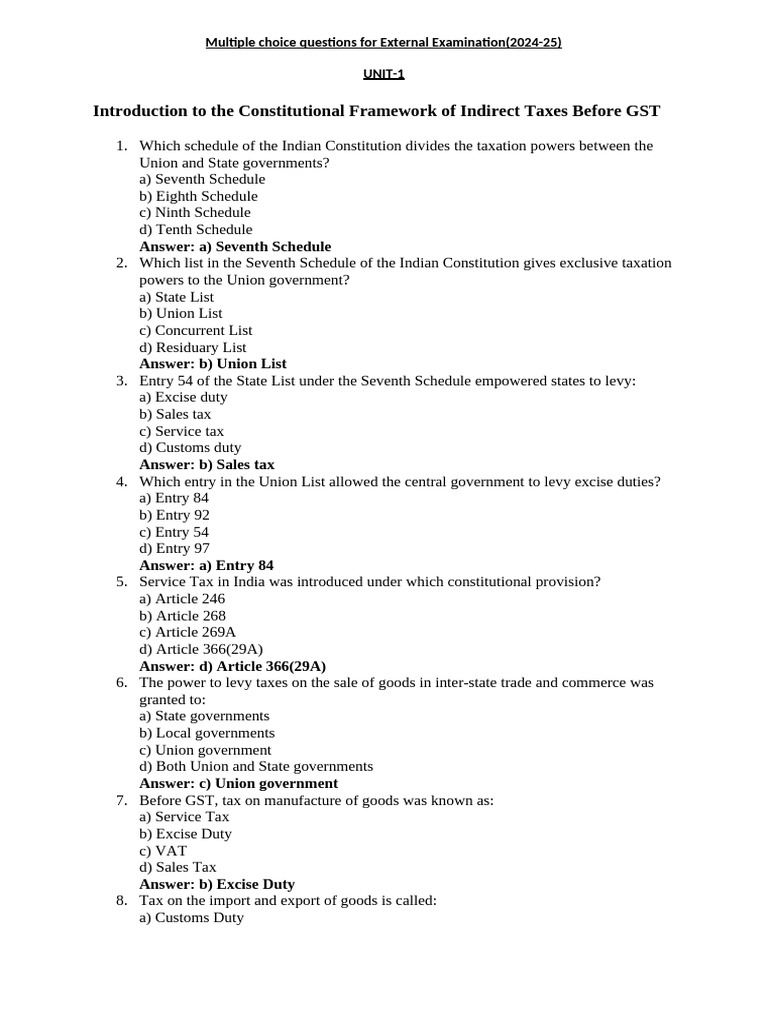 GST MCQs with Solutions for 2024-25 | PDF | Taxes | Value Added Tax