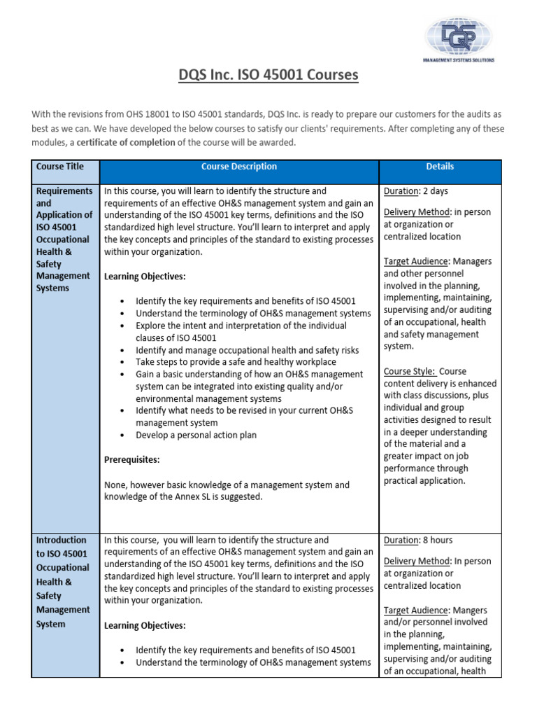 ISO 45001 Occupational Safety Courses | PDF | Occupational Safety And ...