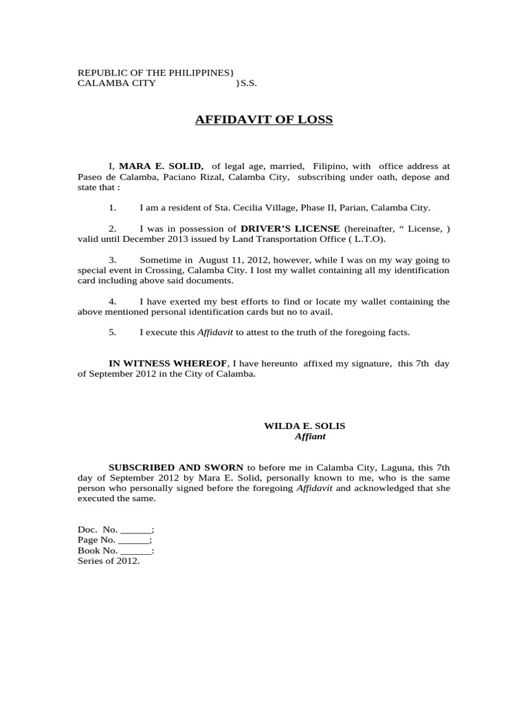 Affidavit of Loss for Driver's License | PDF