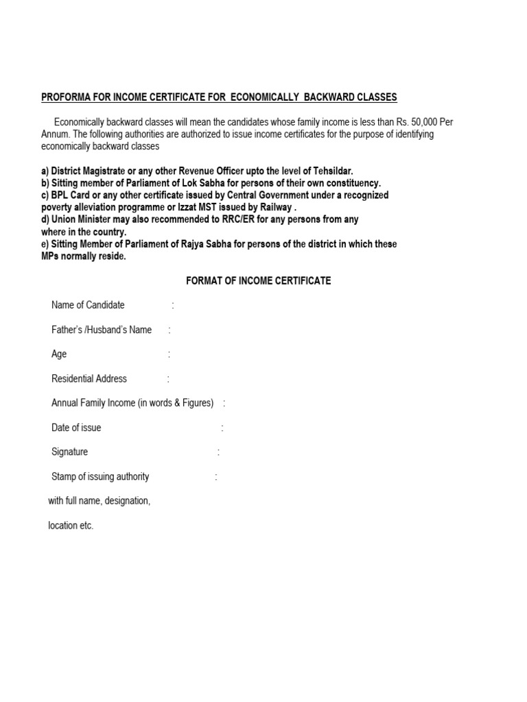 Income Certificate Formats for EBC and SC/ST | PDF | Government Of ...