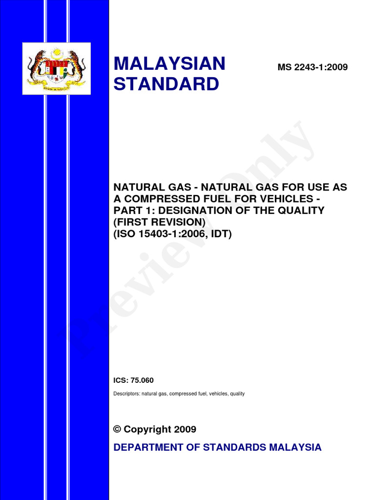 MS 2243-1-2009 Natural Gas For Use As Compressed Fuel For Vehicles-Part ...